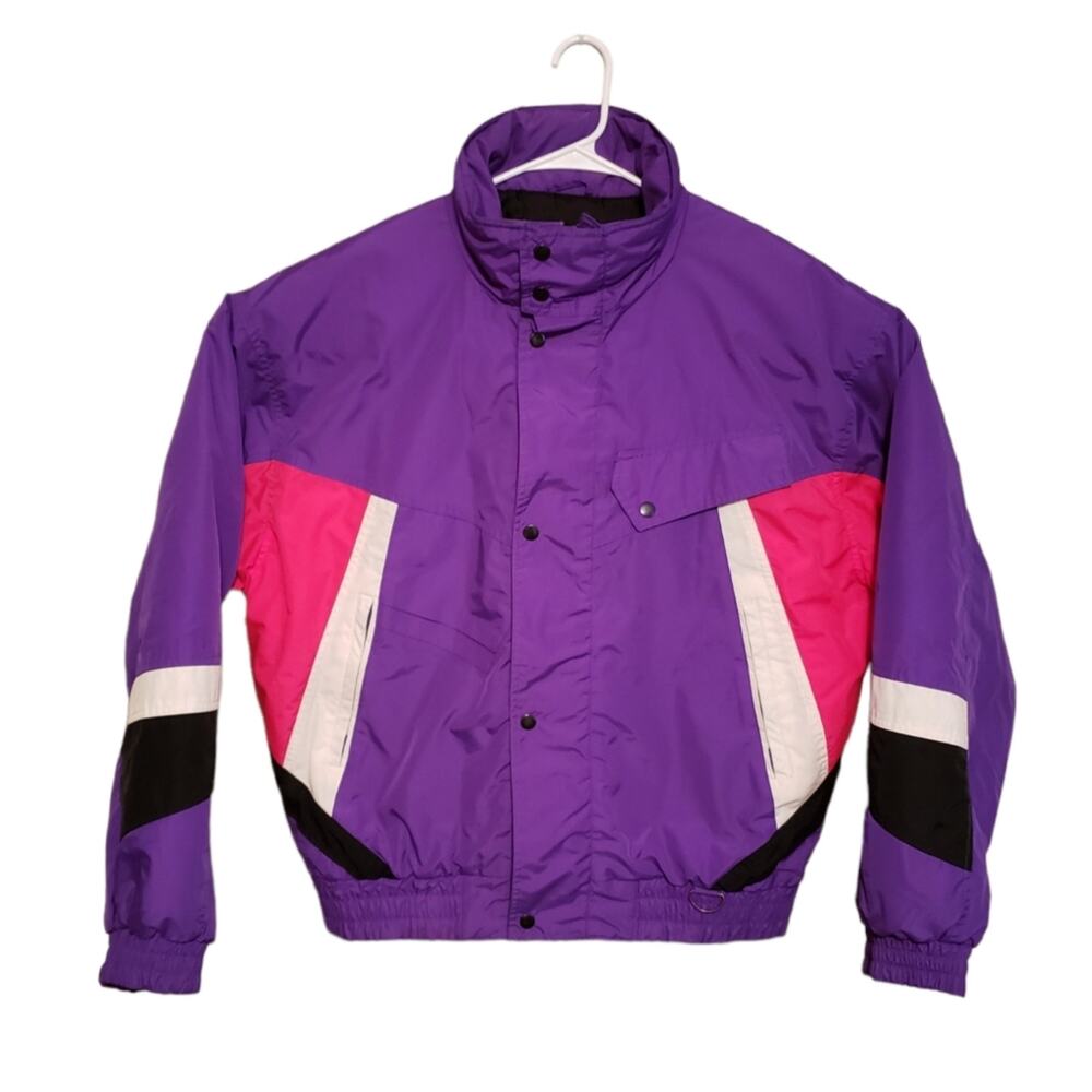 Vintage Double Black Ski Jacket Coat Purple Pink White Black Large 80s 90s